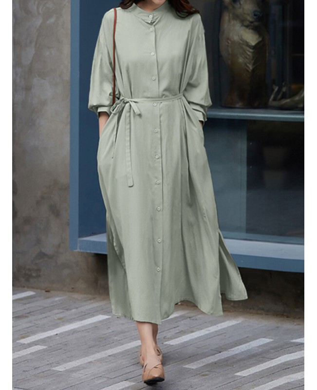 Women Long Sleeve Loose Calf Length Buttons Side Pockets Midi Dresses - Green 3XL