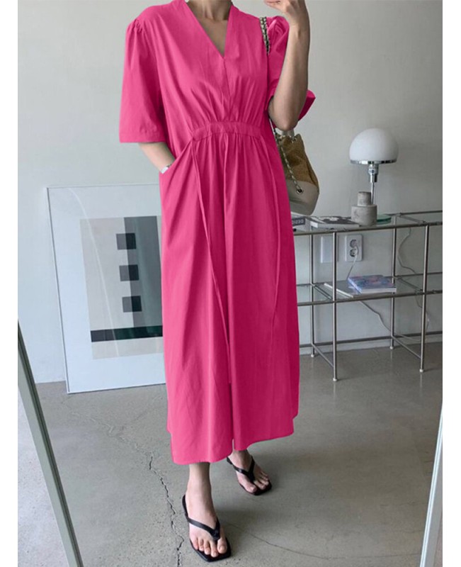 Solid Ruched Pocket Knotted V Neck Midi Casual Dress - Green 2XL