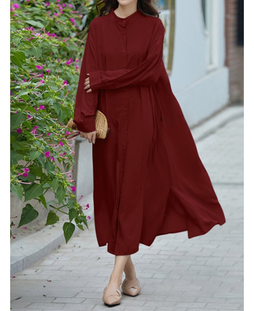 Women Long Sleeve Loose Calf Length Buttons Side P...