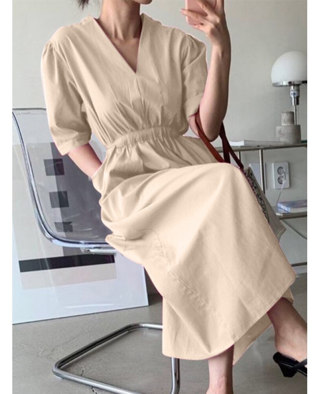 Solid Ruched Pocket Knotted V Neck Midi Casual Dress - Green 2XL