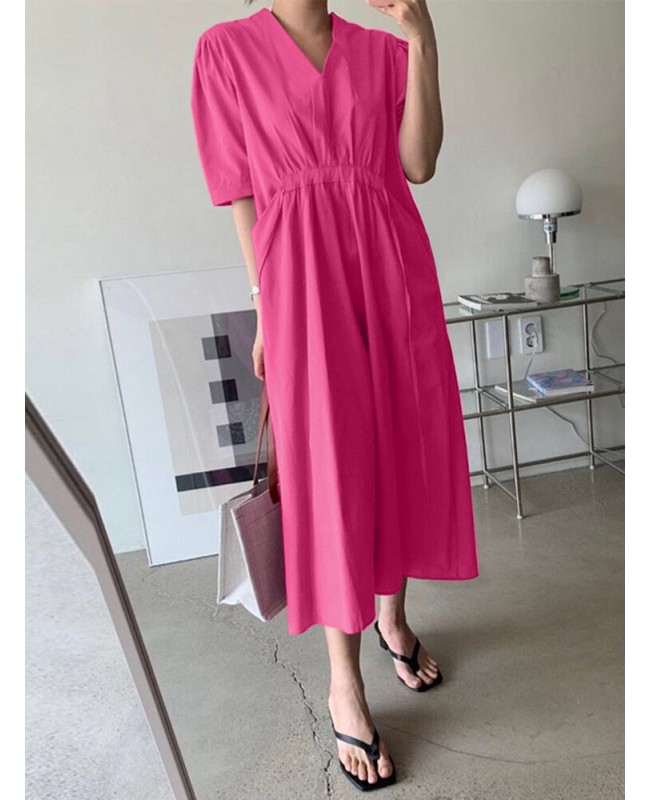 Solid Ruched Pocket Knotted V Neck Midi Casual Dress - Green 2XL
