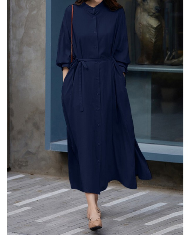 Women Long Sleeve Loose Calf Length Buttons Side Pockets Midi Dresses - Green 3XL