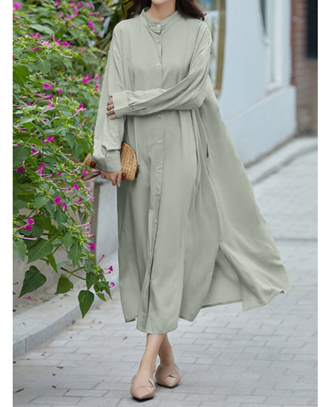Women Long Sleeve Loose Calf Length Buttons Side Pockets Midi Dresses - Green 3XL