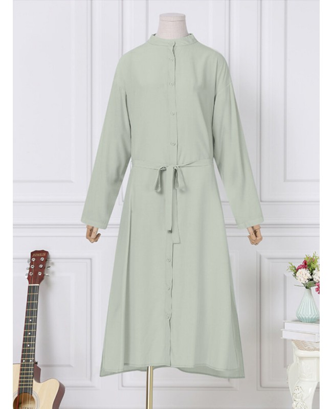 Women Long Sleeve Loose Calf Length Buttons Side Pockets Midi Dresses - Green 3XL