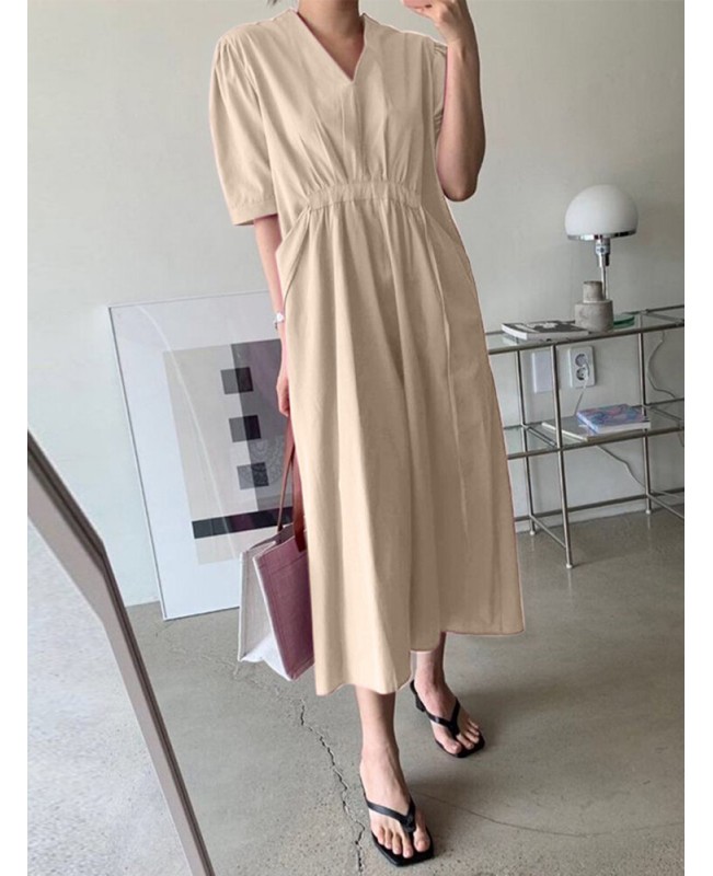 Solid Ruched Pocket Knotted V Neck Midi Casual Dress - Green 2XL