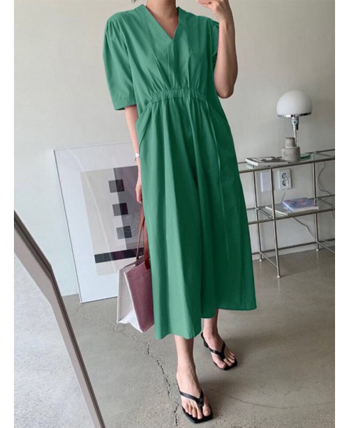Solid Ruched Pocket Knotted V Neck Midi Casual Dre...