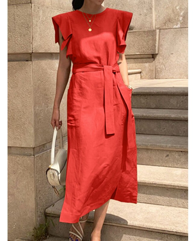 Women Sleeveless Crew Neck Belted Casual Maxi Dress - Black S Women Sleeveless Crew Neck Belted Casual Maxi Dress - Black S