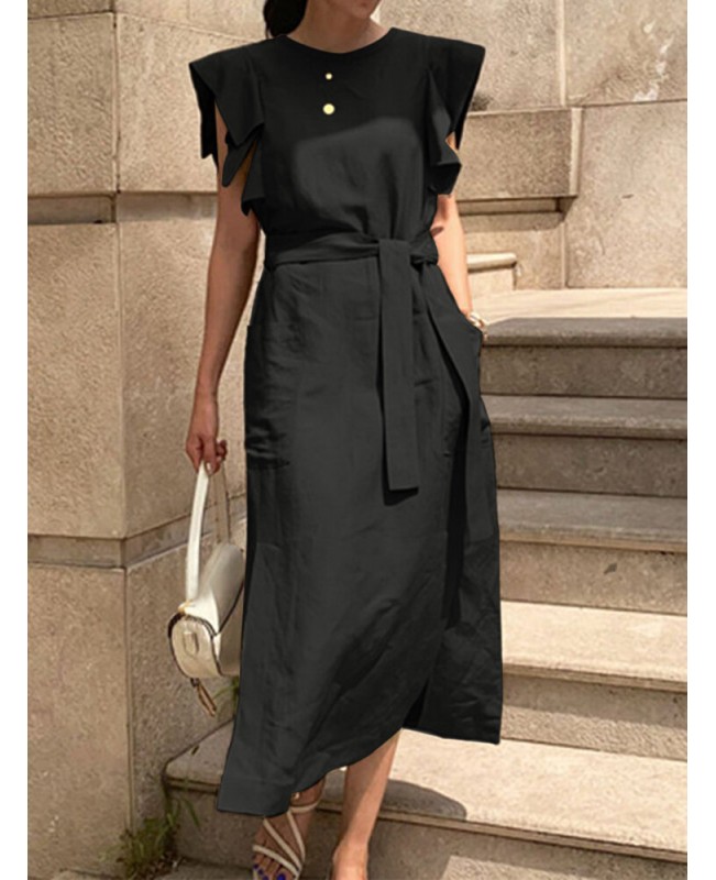 Women Sleeveless Crew Neck Belted Casual Maxi Dress - Black S Women Sleeveless Crew Neck Belted Casual Maxi Dress - Black S