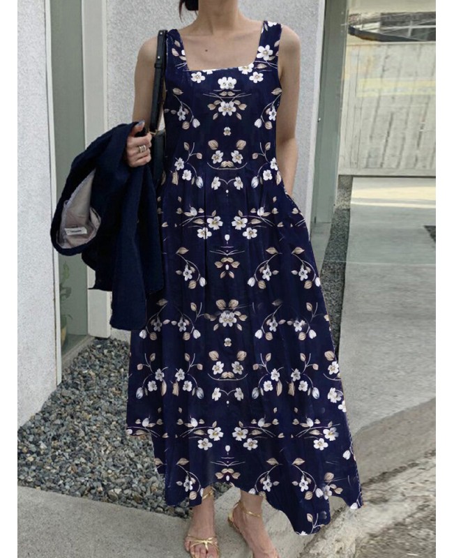 Floral Print Ruched Sleeveless Square Collar Maxi Dress - Navy 5XL