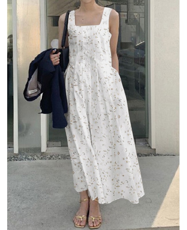 Floral Print Ruched Sleeveless Square Collar Maxi Dress - Navy 5XL