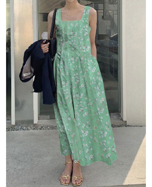 Floral Print Ruched Sleeveless Square Collar Maxi ...