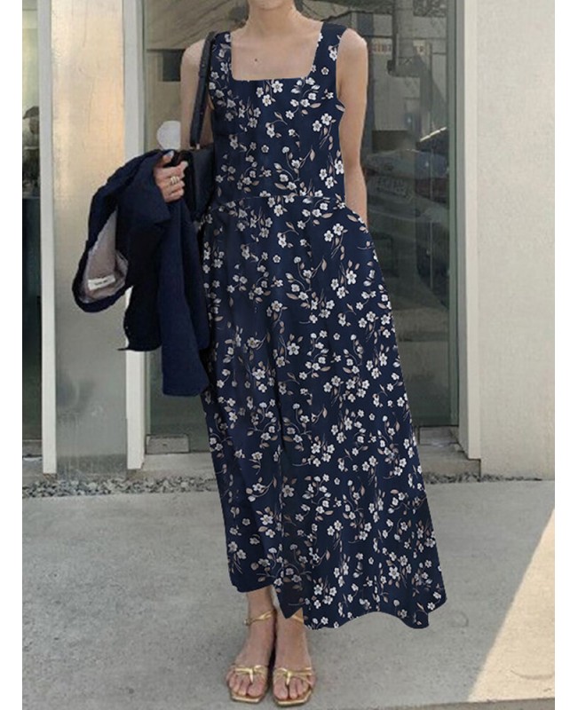 Floral Print Ruched Sleeveless Square Collar Maxi Dress - Navy 5XL