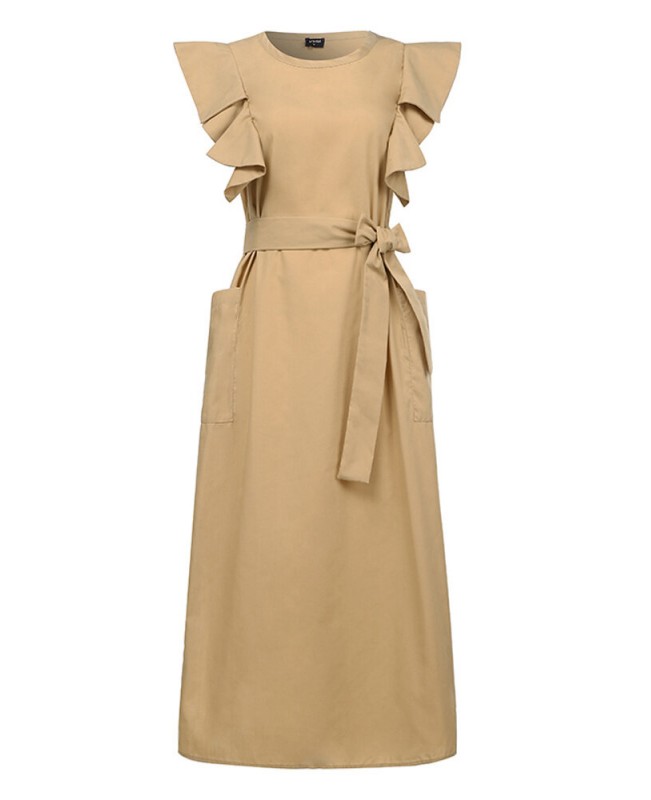 Women Sleeveless Crew Neck Belted Casual Maxi Dress - Black S Women Sleeveless Crew Neck Belted Casual Maxi Dress - Black S