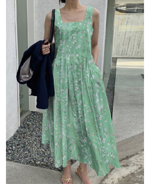 Floral Print Ruched Sleeveless Square Collar Maxi ...