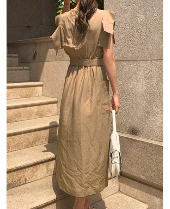 Women Sleeveless Crew Neck Belted Casual Maxi Dress - Black S Women Sleeveless Crew Neck Belted Casual Maxi Dress - Black S
