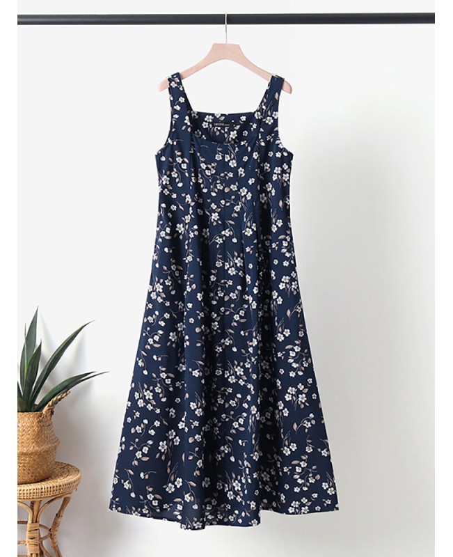 Floral Print Ruched Sleeveless Square Collar Maxi Dress - Navy 5XL