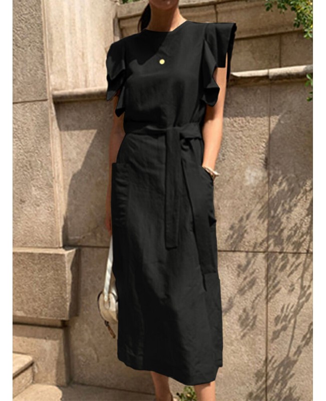 Women Sleeveless Crew Neck Belted Casual Maxi Dress - Black S Women Sleeveless Crew Neck Belted Casual Maxi Dress - Black S