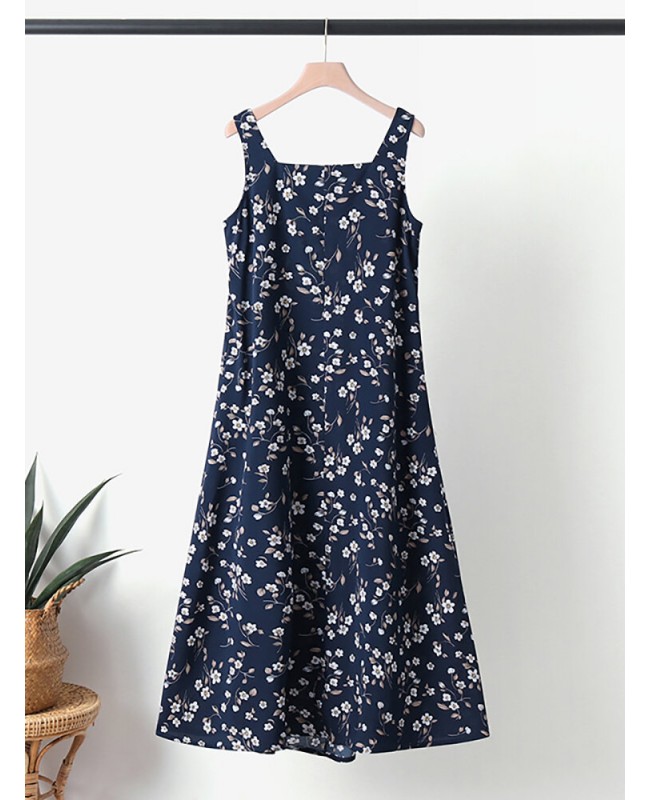 Floral Print Ruched Sleeveless Square Collar Maxi Dress - Navy 5XL