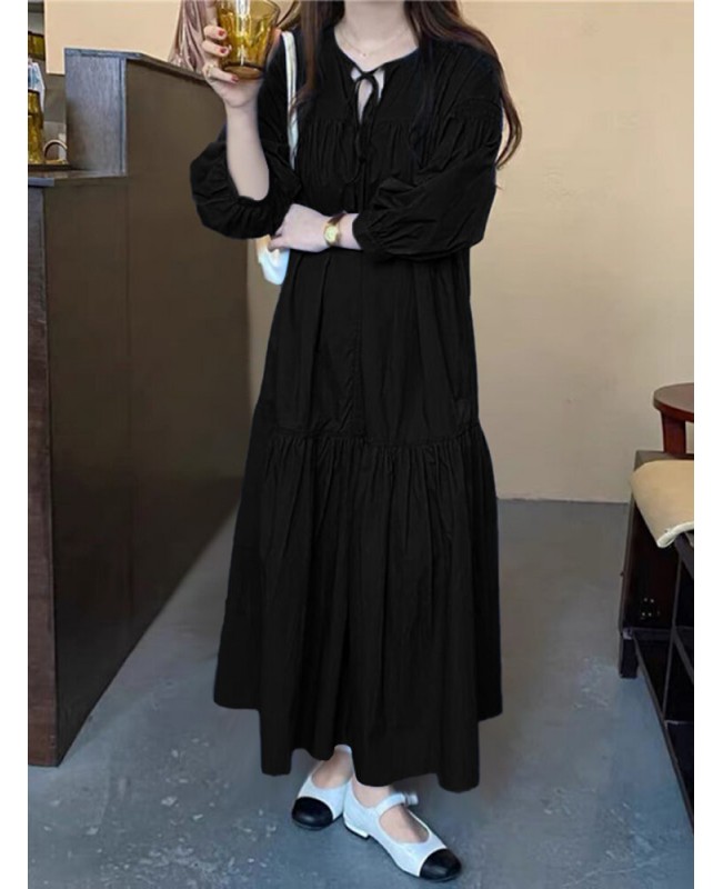 Women Puff Sleeve Pleats Drawstring Ankle Length Solid O-Neck Midi Dresses - Black S Women Puff Sleeve Pleats Drawstring Ankle Length Solid O-Neck Midi Dresses - Black S