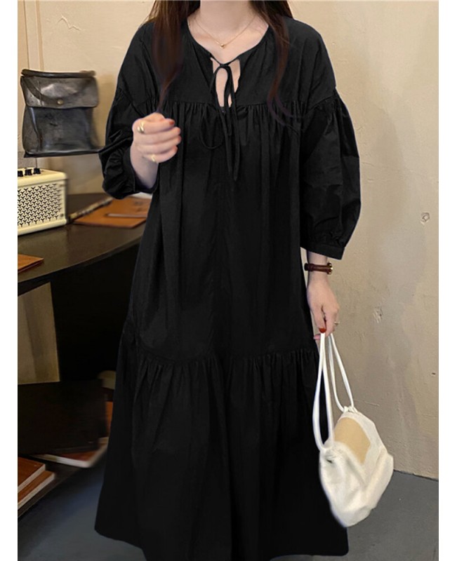 Women Puff Sleeve Pleats Drawstring Ankle Length Solid O-Neck Midi Dresses - Black S Women Puff Sleeve Pleats Drawstring Ankle Length Solid O-Neck Midi Dresses - Black S