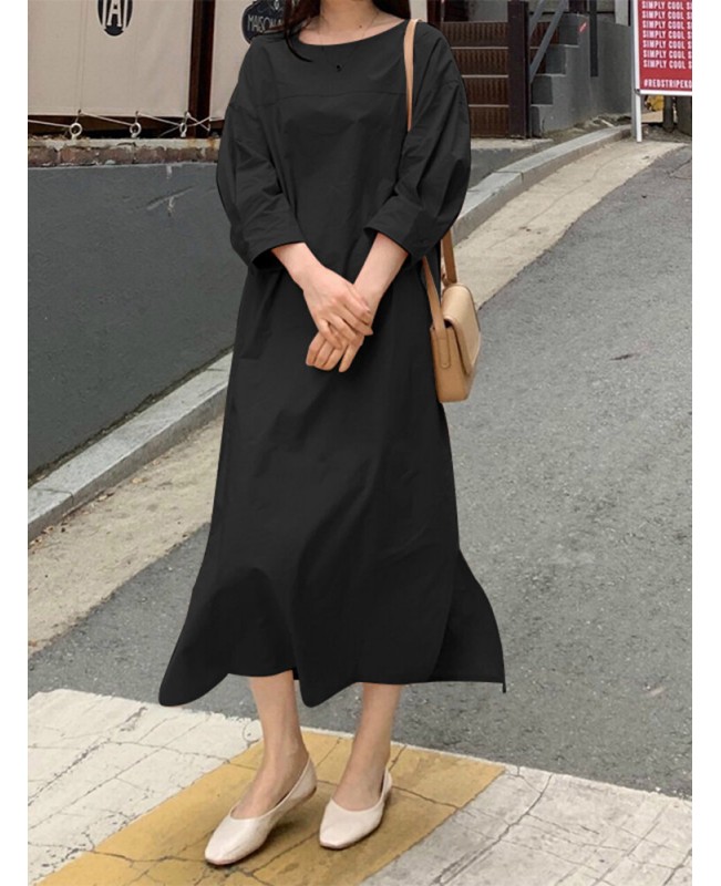 Women Solid Side Fork Elastic Waist Lace-up Ankle Length Midi Dresses - Black XL Women Solid Side Fork Elastic Waist Lace-up Ankle Length Midi Dresses - Black XL