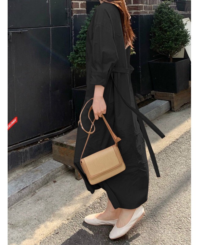 Women Solid Side Fork Elastic Waist Lace-up Ankle Length Midi Dresses - Black XL Women Solid Side Fork Elastic Waist Lace-up Ankle Length Midi Dresses - Black XL