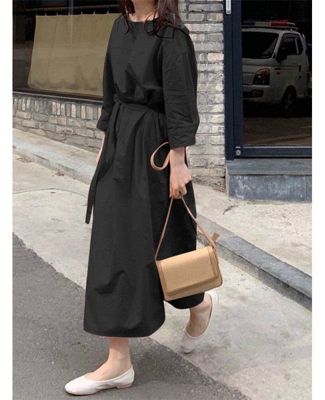 Women Solid Side Fork Elastic Waist Lace-up Ankle Length Midi Dresses - Black XL Women Solid Side Fork Elastic Waist Lace-up Ankle Length Midi Dresses - Black XL