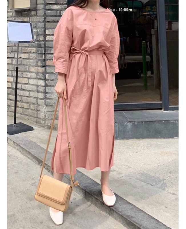 Women Solid Side Fork Elastic Waist Lace-up Ankle Length Midi Dresses - Black XL Women Solid Side Fork Elastic Waist Lace-up Ankle Length Midi Dresses - Black XL