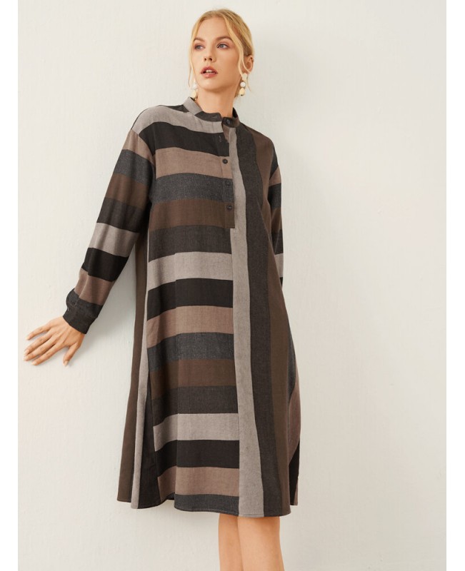 Stripe Pattern Stand Collar Button Long Sleeve Dress - Brown S