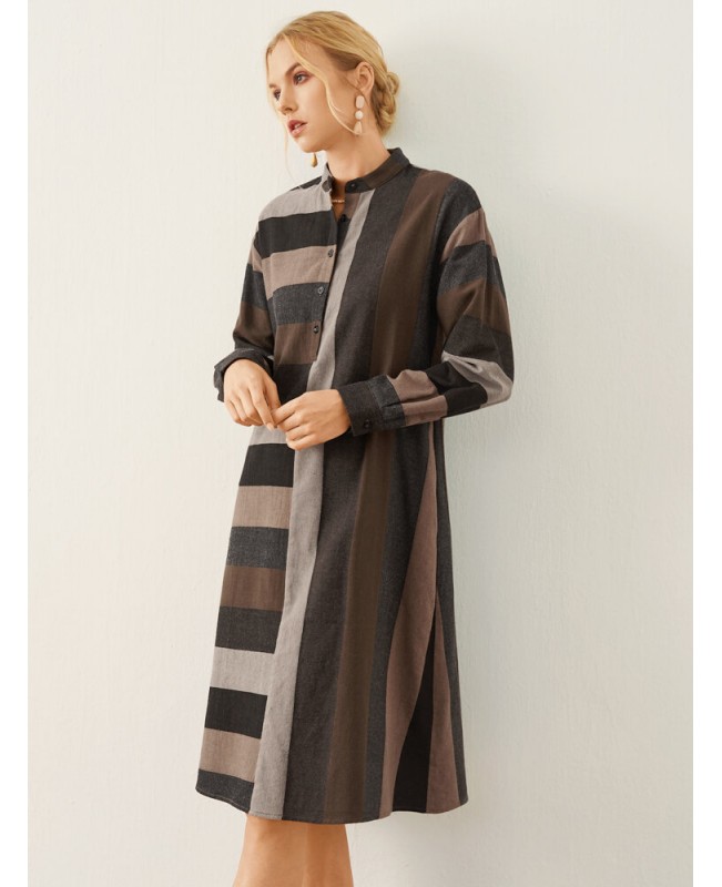 Stripe Pattern Stand Collar Button Long Sleeve Dress - Brown S