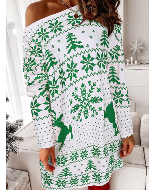 Women Christmas Knit Snowflake Deer Print Crew Nec...