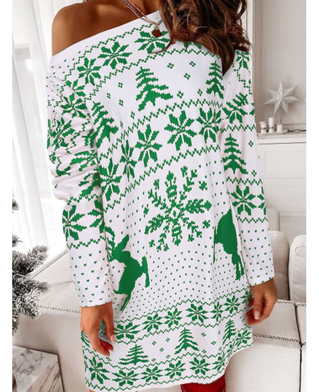Women Christmas Knit Snowflake Deer Print Crew Neck Casual Sweaters - Red M