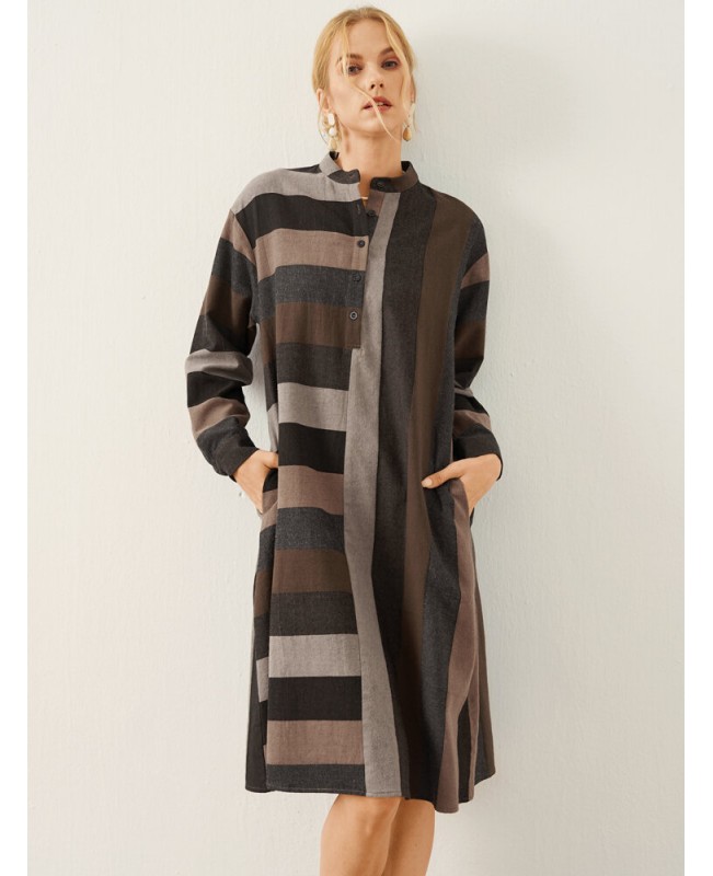 Stripe Pattern Stand Collar Button Long Sleeve Dress - Brown S