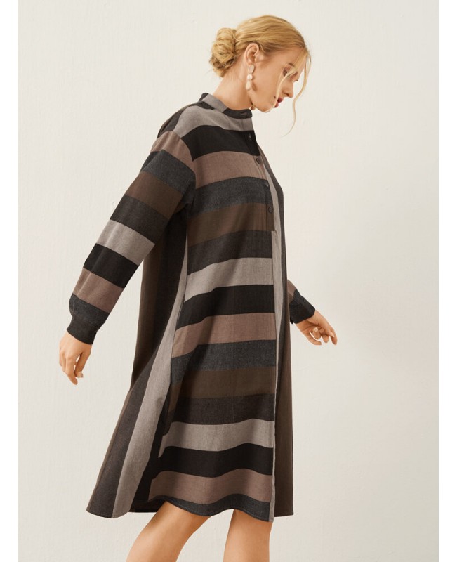 Stripe Pattern Stand Collar Button Long Sleeve Dress - Brown S