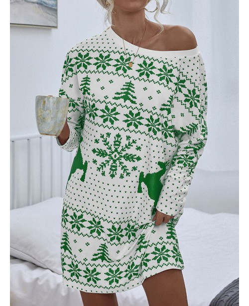 Women Christmas Knit Snowflake Deer Print Crew Nec...