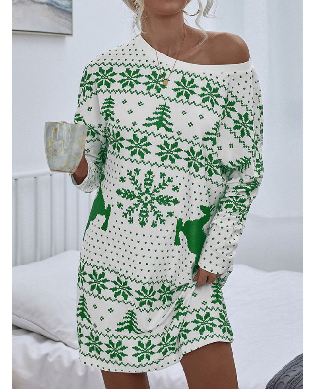 Women Christmas Knit Snowflake Deer Print Crew Neck Casual Sweaters - Red M