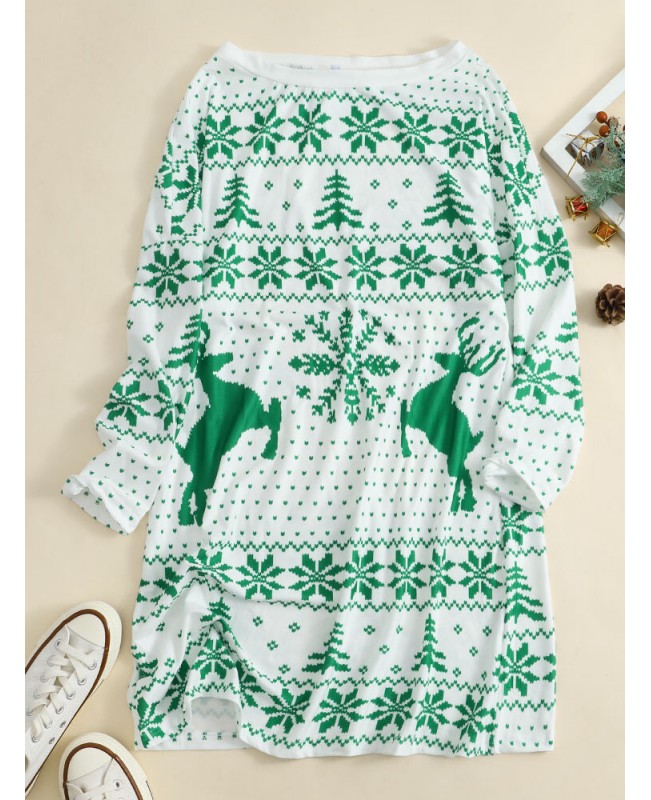 Women Christmas Knit Snowflake Deer Print Crew Neck Casual Sweaters - Red M