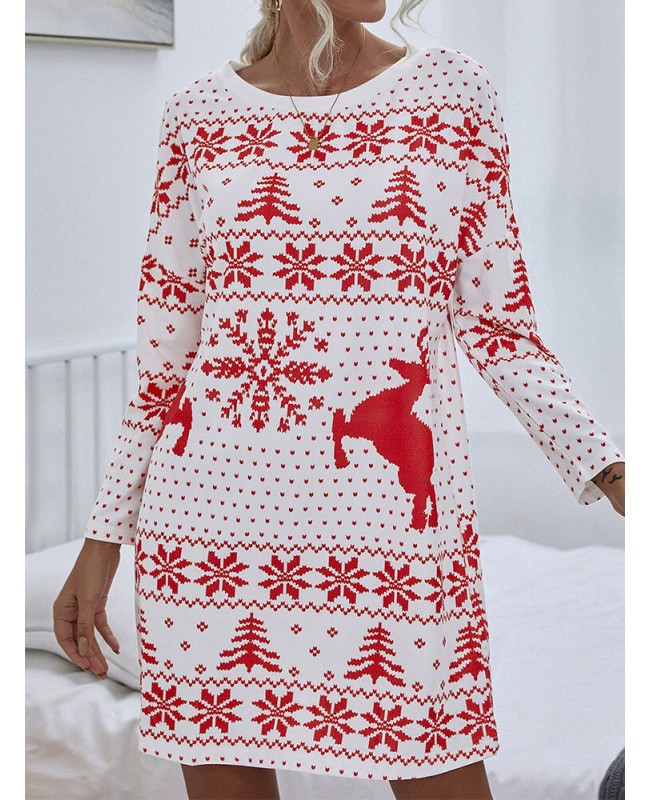 Women Christmas Knit Snowflake Deer Print Crew Neck Casual Sweaters - Red M