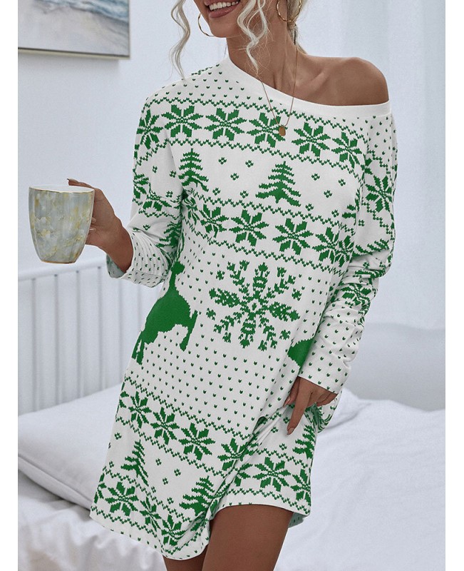Women Christmas Knit Snowflake Deer Print Crew Neck Casual Sweaters - Red M