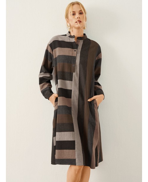 Stripe Pattern Stand Collar Button Long Sleeve Dre...