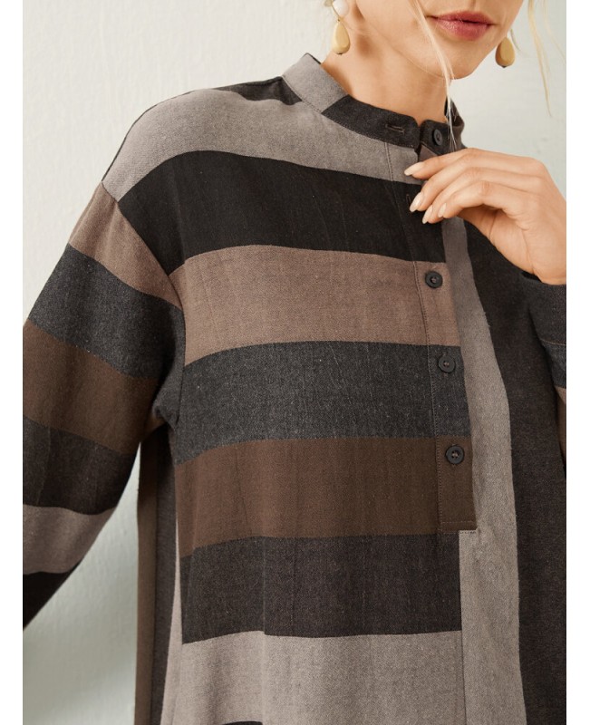 Stripe Pattern Stand Collar Button Long Sleeve Dress - Brown S