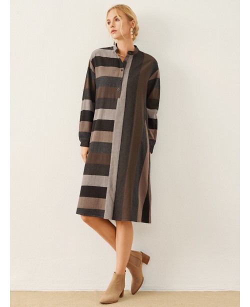 Stripe Pattern Stand Collar Button Long Sleeve Dre...