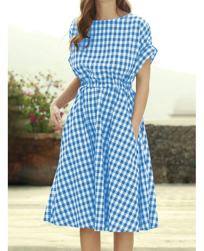 Plaid Pocket Elastic Waist Short Sleeve Casual Midi Dress - Black L