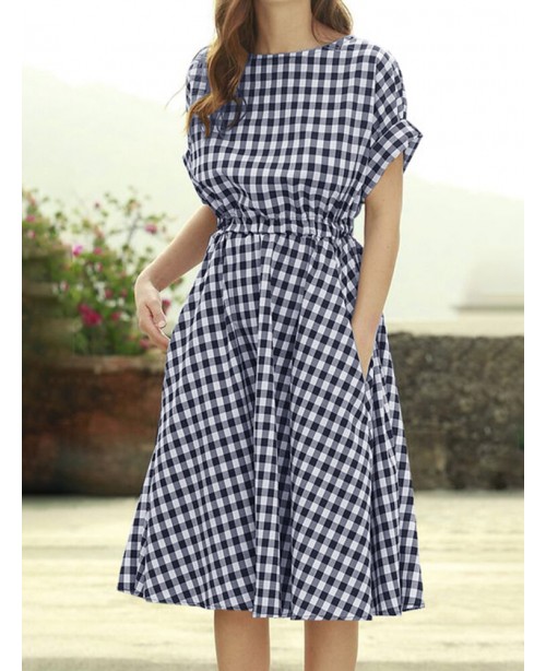Plaid Pocket Elastic Waist Short Sleeve Casual Mid...