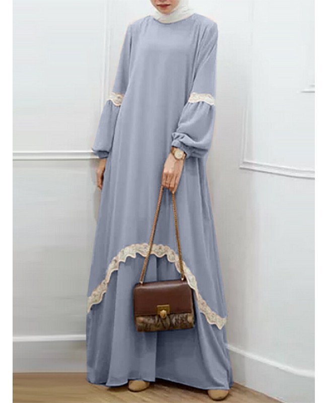 Women Lace Kaftan Tunic Solid Color Ankle Length Casual Midi Dresses - Navy M