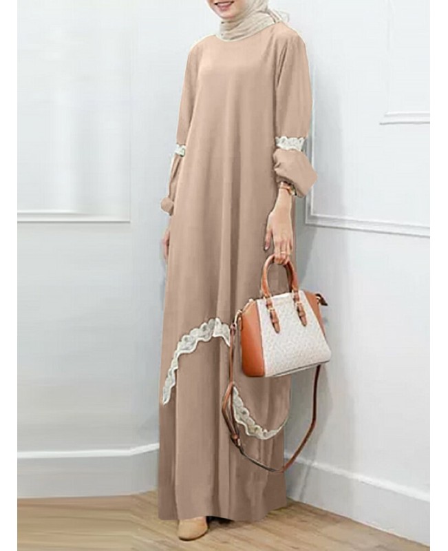 Women Lace Kaftan Tunic Solid Color Ankle Length Casual Midi Dresses - Navy M