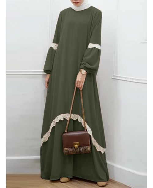 Women Lace Kaftan Tunic Solid Color Ankle Length C...