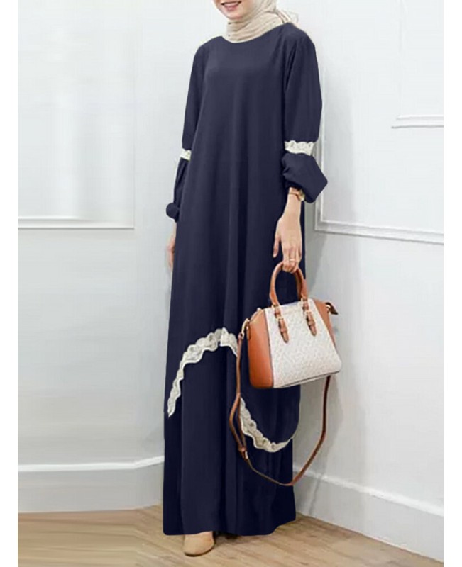 Women Lace Kaftan Tunic Solid Color Ankle Length Casual Midi Dresses - Navy M