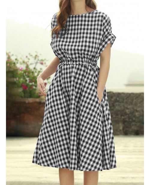 Plaid Pocket Elastic Waist Short Sleeve Casual Mid...