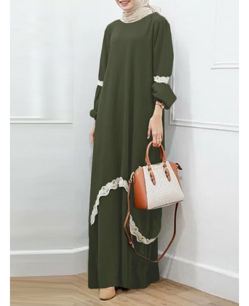 Women Lace Kaftan Tunic Solid Color Ankle Length C...